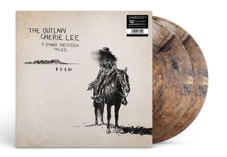 "The Outlaw Cherie Lee & Other Western Tales", schwarze Zeichnung: Reiter auf Pferd, drei Schallplatten im Holzlook.