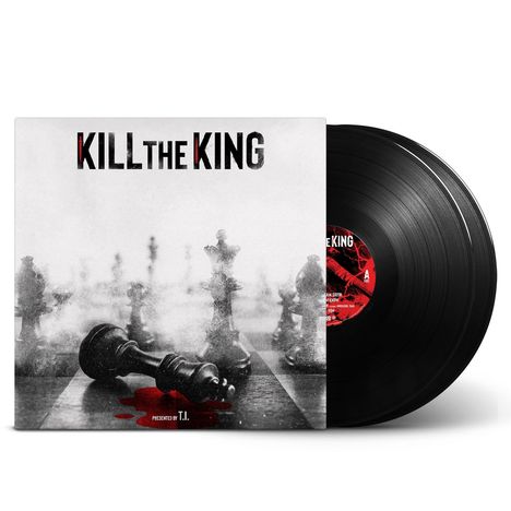 Text: "KILL THE KING", "Presented by T.I.". Schachfiguren, ein umgekippter König, roter Fleck darunter, schwarze Schallplatte.