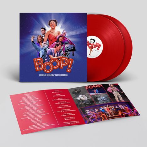 "BOOP! ORIGINAL BROADWAY CAST RECORDING" steht auf einem Album-Cover. Zwei rote Schallplatten und ein Booklet sind sichtbar.