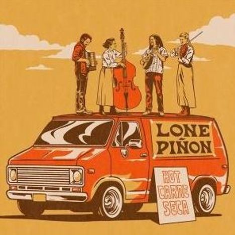 „Lone Piñon“ und „Hot Carne Seca“. Illustration: Roter Van, vier Musiker oben, spielend.