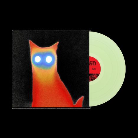 Ein rotes, glühendes Katzenbild mit leuchtenden Augen auf einem schwarzen Hintergrund mit einer hellgrünen Schallplatte.