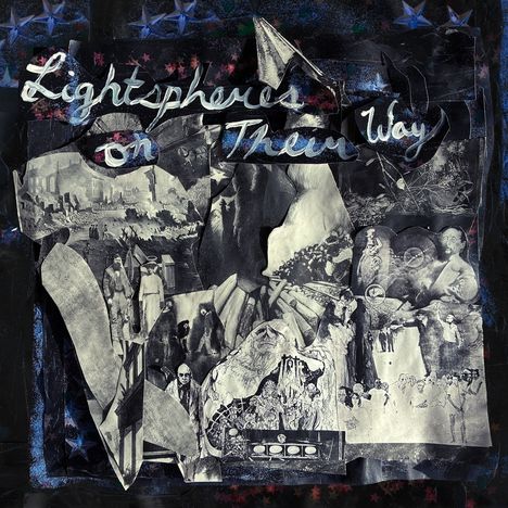 „Lightspheres on Their Way“, eine Collage mit Sternen, schwarz-weißem Wirrwarr aus Städten und Menschenfiguren.