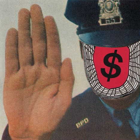 BPD, schwarzes Gitter, rotes Schild mit Dollarzeichen, erhobene Hand, Polizist in Uniform.