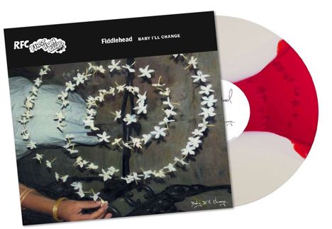 "Fiddlehead, Baby I'll Change" steht in Weiß auf schwarzem Hintergrund. Florales Spiraldesign im Gemälde. Buntes Vinyl.