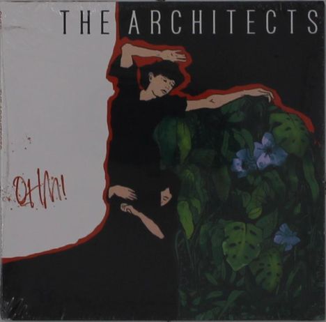 Text: "THE ARCHITECTS", "OHM!". Illustration: Zwei Personen in schwarzer Kleidung, umgeben von grünen Blättern und blauen Blumen.