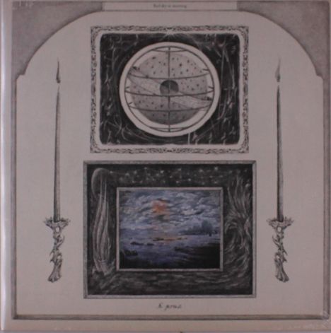 "Red sky in evening" oben, "A grave" unten. Illustration: Kreisform oben, Landschaftsszene unten, flankiert von zwei Schwertern.