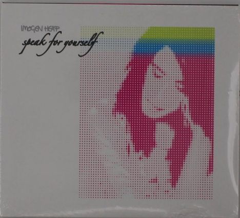"Imogen Heap, speak for yourself" in eleganter Schrift. Ein stilisiertes Bild einer Frau in rosa Punkten mit farbigen Streifen oben.
