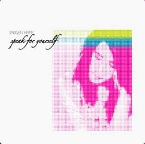 Text: "Speak for yourself". Ein stilisiertes Bild einer Person in pinken und blauen Tönen mit Rastermuster.