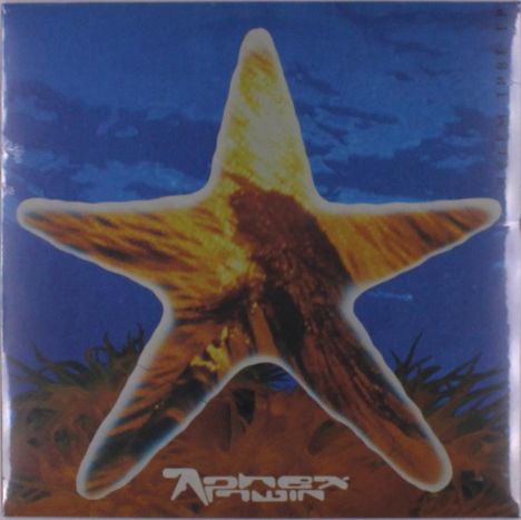 "Aphex Twin" am unteren Rand. Ein Seestern auf einem blauen Hintergrund. Grafische Gestaltung.