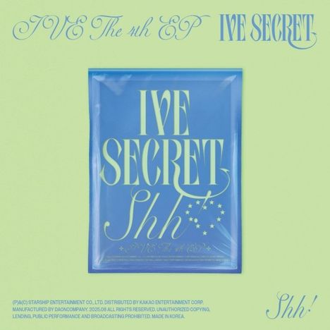 "IVE The 4th EP," "IVE SECRET," "Shh!" auf hellgrünem Hintergrund; blaues Design, sternförmige Verzierungen.