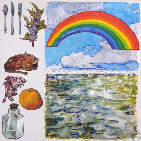 Texte: "GOOD DREAMS". Illustration mit Regenbogen, schlafendem Rehkitz, Besteck, Flasche, Orange und blauem Hintergrund.