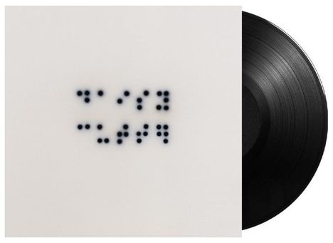 Braille-Text auf weißem Hintergrund und halbe Schallplatte rechts sichtbar. Minimalistisches Design.