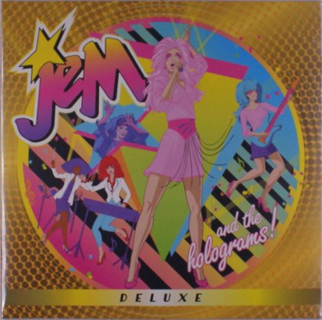 Logo mit "Jem" und "and the holograms!" in bunten Farben, darunter "DELUXE". Vier Figuren mit Instrumenten.