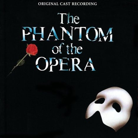 Text: "The Phantom of the Opera". Eine CD-Hülle und zwei CDs, eine Maske und eine Rose sind abgebildet.