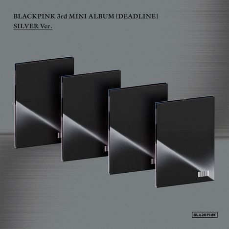"BLACKPINK 3rd MINI ALBUM [DEADLINE] SILVER Ver." Vier dunkle, glänzende Alben auf grauem Hintergrund.