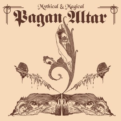 "Mythical & Magical Pagan Altar"; kunstvolle Illustration mit menschenähnlicher Figur, verziert mit floralen Elementen.