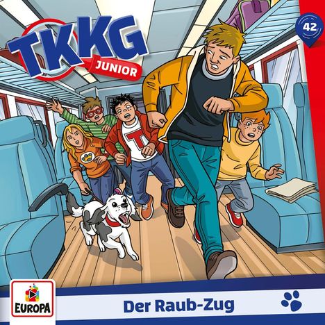 "Der Raub-Zug", TKKG Junior Logo. Kinder und Hund rennen in einem Zug. EUROPA Logo.