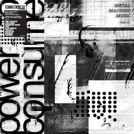 Der Text "power consume" ist in großen Buchstaben angeordnet. Schwarz-weiße abstrakte Grafik mit Punkten und Linien.
