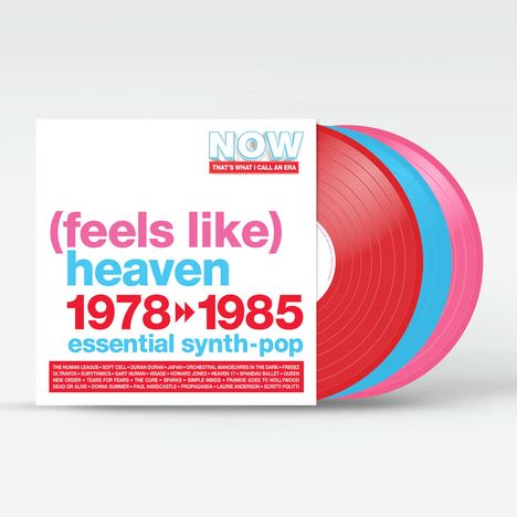 "Feels like heaven 1978-1985 essential synth-pop" in großen, bunten Buchstaben, daneben bunte Schallplatten.
