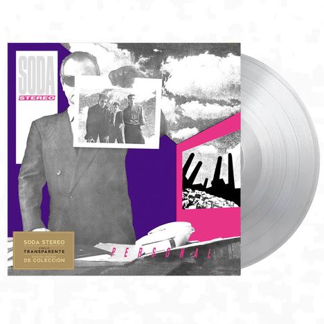 „Soda Stereo“, „Vinilo Transparente“, „De Colección“, „Personal“. Collage-Stil mit Foto eines Anzugs und kontrastreichen Formen.