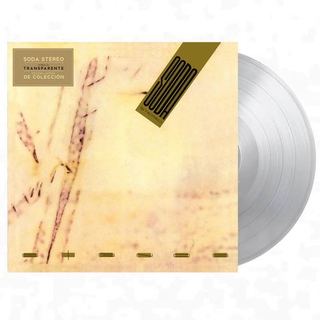 Text: "Soda Stereo", "Transcripción", "De Colección". 
Illustration: Abstrakte gelbliche Muster.