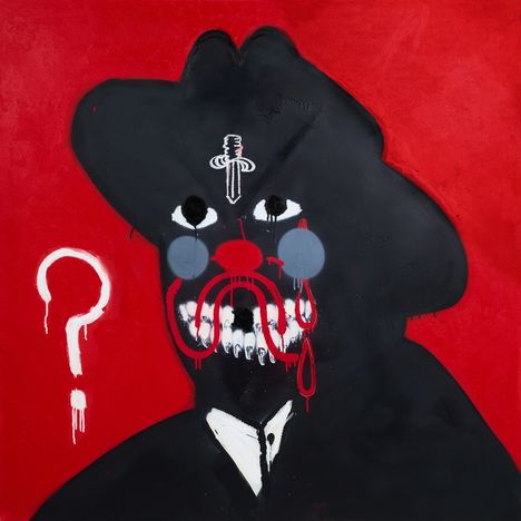Ein Fragezeichen auf rotem Hintergrund. Dunkle abstrakte Figur, clownartige Züge, weiße Zähne und rote Nasenform.