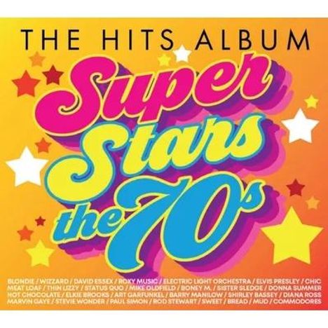 "The Hits Album: Super Stars the 70's" in bunten Buchstaben mit Sternen auf gelbem Hintergrund.