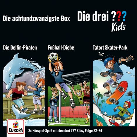 "Die drei ??? – Die 54. Box" zeigt drei Szenen: Ein Flugzeugwrack, ein Fußball im Dschungel, und ein Hubschrauber mit Bär.