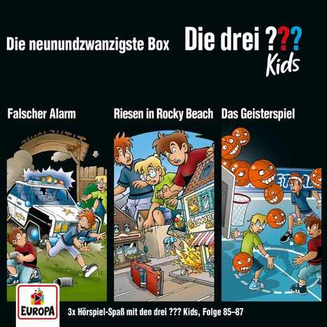 Die neununzwanzigste Box, Die drei ??? Kids. Falscher Alarm, Riesen in Rocky Beach, Das Geisterspiel. Europa-Logo.