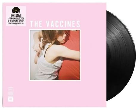 „THE VACCINES“ auf rosa Hintergrund, daneben Vinyl-Schallplatte. Bild zeigt Umarmung von Frau in weißem Top.