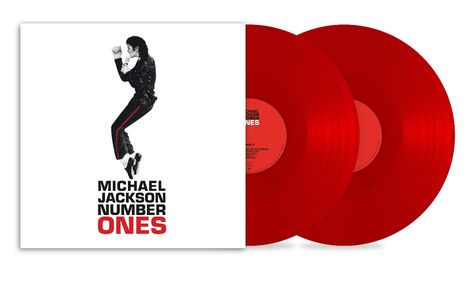„MICHAEL JACKSON NUMBER ONES“ steht unter einer springenden Figur. Zwei rote Schallplatten sind sichtbar.