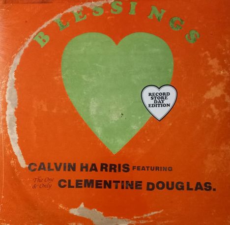 Texte: "BLESSINGS", "CALVIN HARRIS", "CLEMENTINE DOUGLAS", "RECORD STORE DAY EDITION". Ein grünes Herz auf orangem Hintergrund.