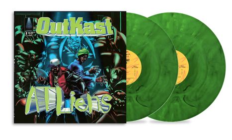 „OutKast“ und „ATLiens“ in grüner Schrift auf einem Comic-Cover. Zwei grüne Vinyl-Schallplatten.
