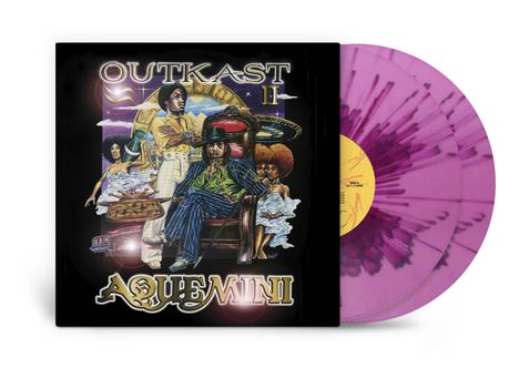 "OUTKAST" und "AQUEMINI" in großer Schrift. Darstellung mehrerer stilvoll gekleideter Personen vor einem bunten Hintergrund.