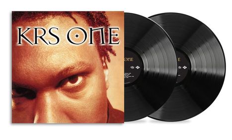 "KRS ONE" steht auf einem Albumcover, das ein nahes Gesicht und zwei schwarze Schallplatten zeigt.