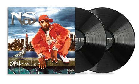 "STILLmatic" in Graffiti-Stil. Ein Mann in roter Kleidung vor Skyline, zwei Schallplatten sichtbar.