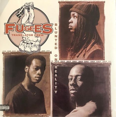 „Fugees Tranzlator Crew“ und „Blunted on Reality“; drei Personen, zwei Männer, eine Frau mit Mütze, in sepiafarbener Fotomontage.