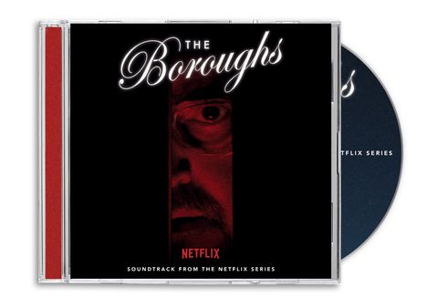 CD-Cover mit "The Boroughs", "Netflix" und "Soundtrack from the Netflix series". Ein Auge schaut durch einen roten Spalt.