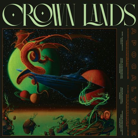 "Crown Lands" oben; "Apocalypse" rechts. Eine surrealistische Illustration mit einem roten Drachen im Weltraum vor Planeten.