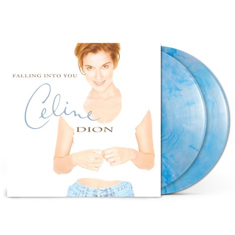 "Falling Into You" und "Céline Dion" in heller Schrift. Illustration einer lächelnden Person mit kurzem Haar, weißem Top und Jeans.
