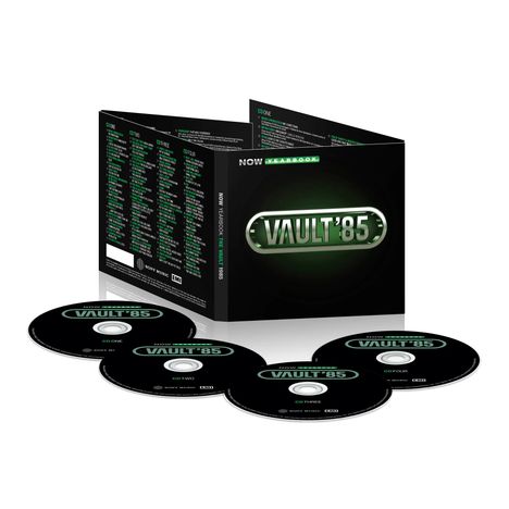 „VAULT '85“ in einem metallischen Schild-Design. Vier CDs und ein CD-Box-Set mit Titellisten sind sichtbar.