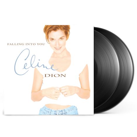 Text: "Falling Into You" und "Celine Dion". Frau in weißem Top und Jeans. Zwei schwarze Schallplatten daneben.