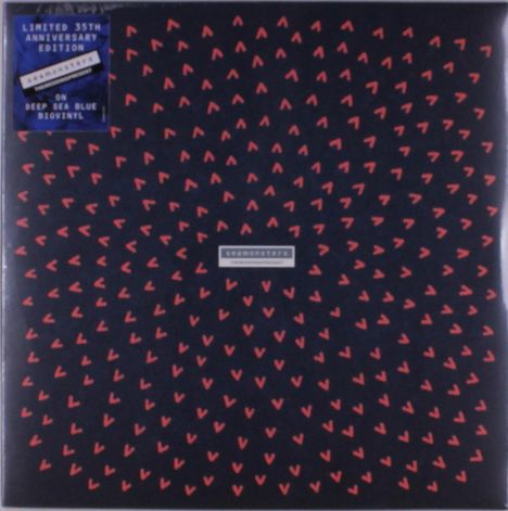 "Limited 35th Anniversary Edition", "Seamonsters", "Deep Sea Blue Biovinyl". Muster aus roten Pfeilen auf dunklem Hintergrund.