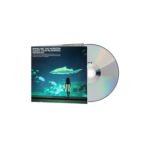 Text: "BRING ME THE HORIZON COUNT YOUR BLESSINGS REPENTED." CD und Cover zeigen ein Aquarium mit einem Hai und einem Kind.