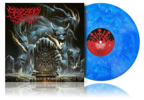„No Place of Warmth“ steht unten; daneben schimmernde blaue Vinyl-Schallplatte und eine Illustration mit Dämonen.