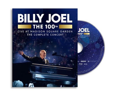 "Billy Joel The 100th Live at Madison Square Garden The Complete Concert." Konzertszene mit singendem Pianisten.