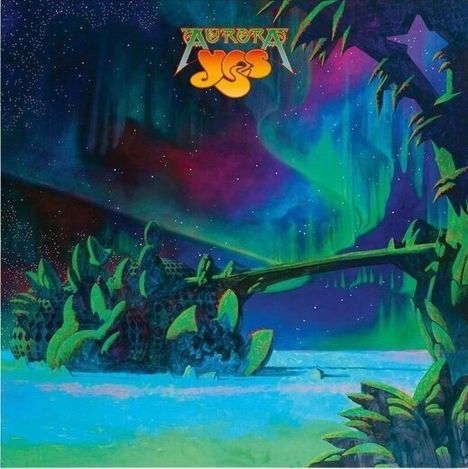 Text: "Aurora Yes". Farbige Illustration einer Science-Fiction-Landschaft mit Polarlichtern und Alien-Pflanzen.