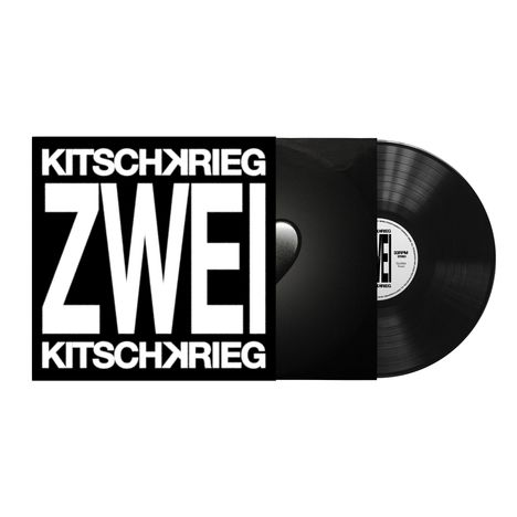 Der Text "KITSCHKREIG ZWEI" erscheint groß auf einem Schallplattencover. Eine schwarze Vinyl-Schallplatte ist sichtbar.