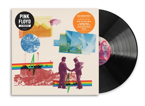 Vinyl-Cover mit "PINK FLOYD 8-TRACKS", Hits wie "Wish You Were Here", Collagen aus Grafiken und Farben.