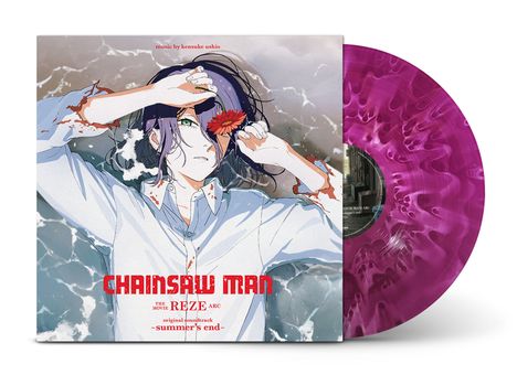 Text: "Chainsaw Man", "The Movie Reze Arc", "Original Soundtrack -summer's end-". Illustration: Person mit Blume, lila Platte.